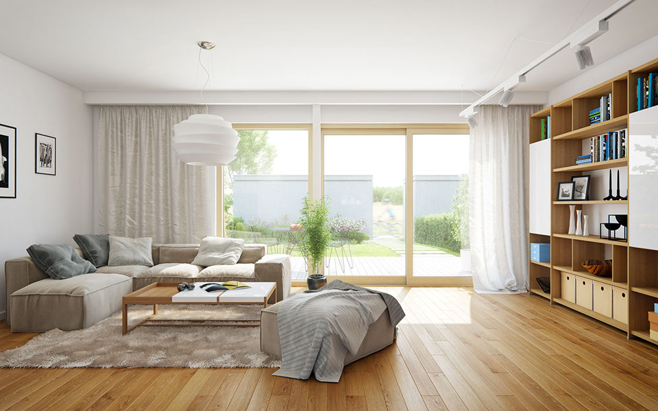 Solarreihenhaus | Blick auf die Terrasse von Innen Wertige Sanitärausstattung, Holz-Alu Fenster und Böden mit Echtholzdielen sind Standard in der Solarreihenhaussiedlung.