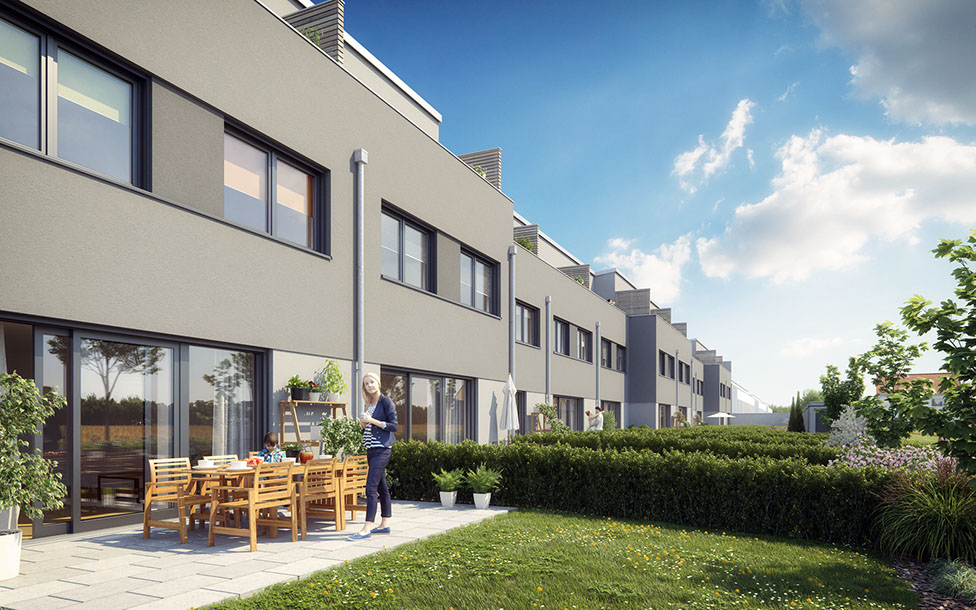 Solarreihenhaus | Gärten Die Gärten der Solarreihenhäuser sind mit Betonstein oder Holzdielen als Terrassenbelag ausgestattet und sind Zueinander durch Hecken begrenzt.