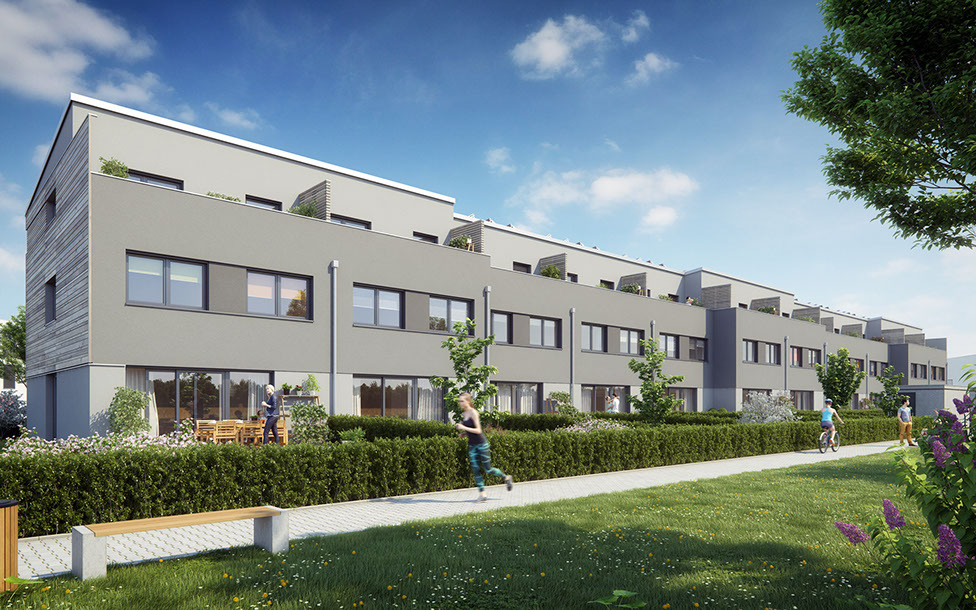 Solarreihenhaus | Südansicht Nach Südwesten hin ist das Baufeld Nordwest III am Ende, damit haben bis zum Bau der davorliegenden Reihe den freien Blick nach Süden.
